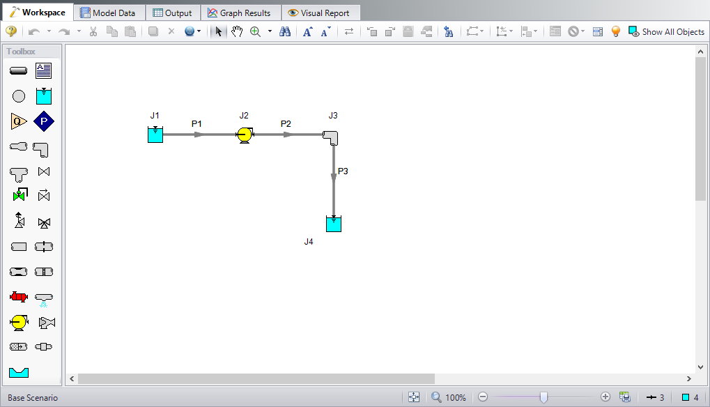 The Workspace for the Pump Sizing for Sand Transfer System example with two reservoirs, one pump, one elbow, and 3 pipes.